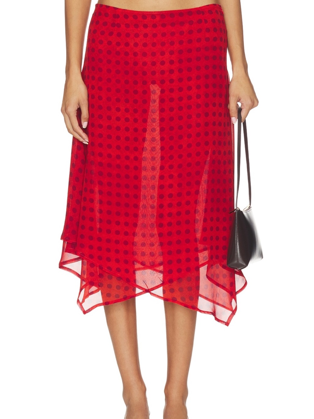 MORE TO COME Landry Asymmetrical Red Polka Dot Midi Skirt Size M